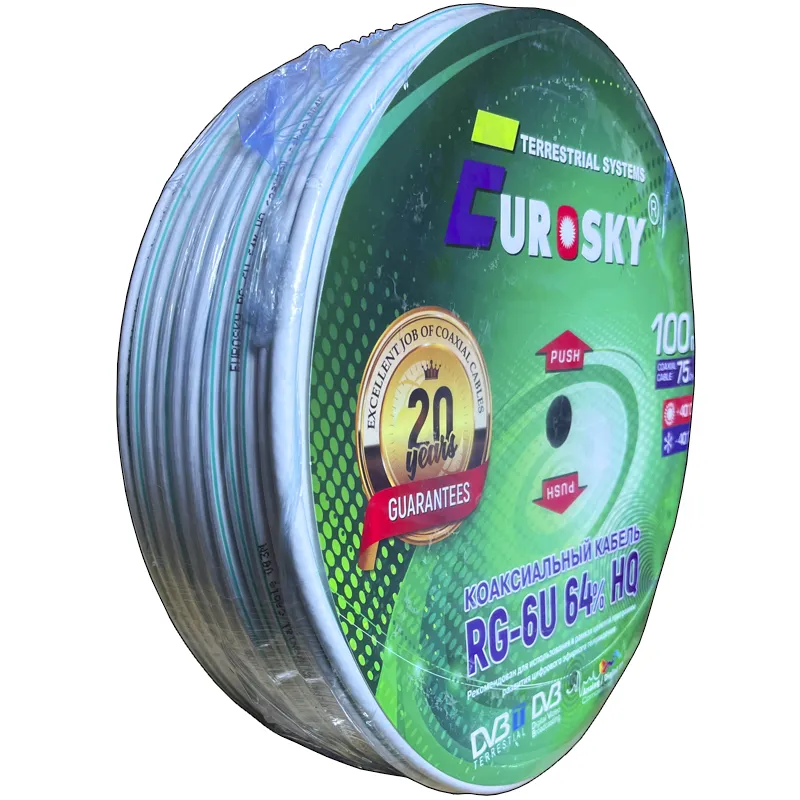 Кабель коаксиальный EUROSKY RG-6U, 75 Ом, CCS/Al/Al, 64%, бухта 100 м. ,белый с полосой. — изображение 2